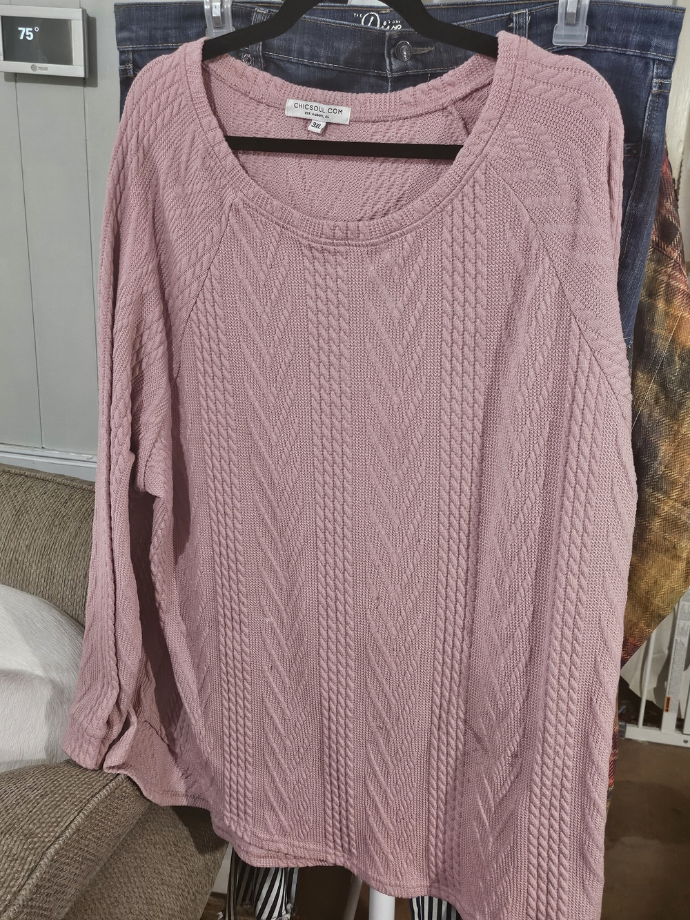 Chic Soul Dusty Rose Cable Knit Scoop Neck Long Sleeve Top